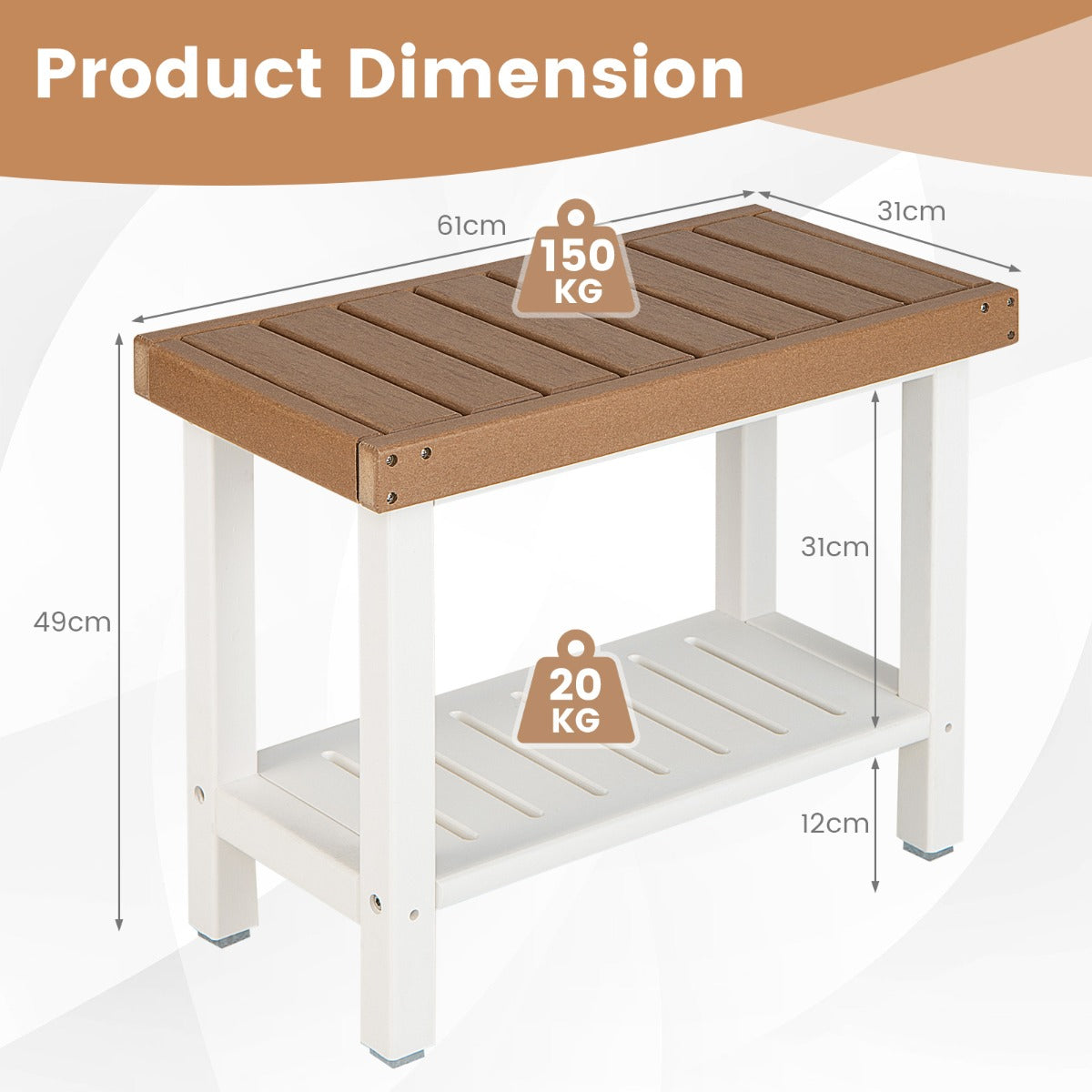 NNECW 2-Tier Waterproof Shower Bench with Storage Shelf & Anti-slip Pads-3