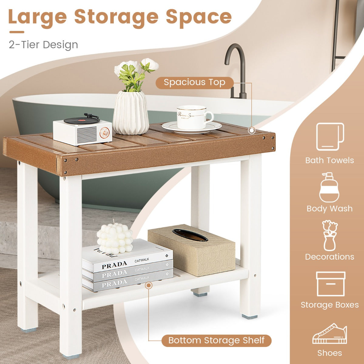 NNECW 2-Tier Waterproof Shower Bench with Storage Shelf & Anti-slip Pads-2