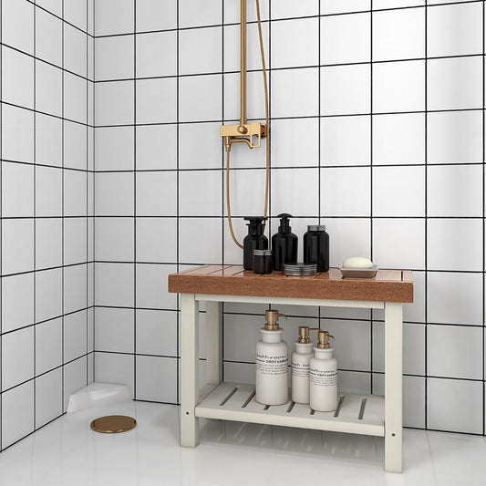 NNECW 2-Tier Waterproof Shower Bench with Storage Shelf & Anti-slip Pads-0