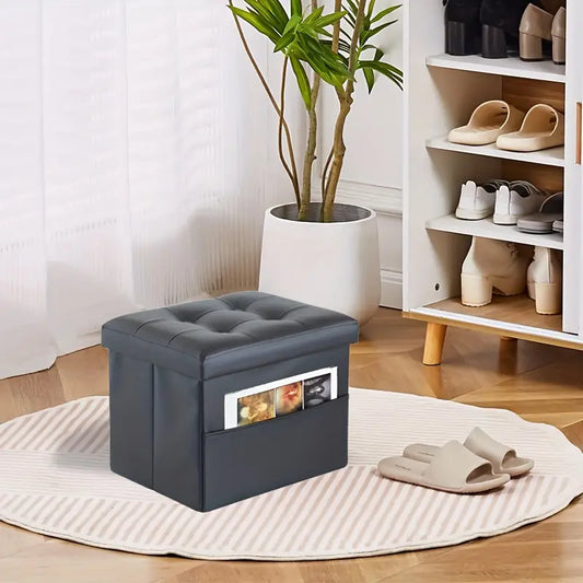 Black PU Leather Storage Ottoman: Folding Foot Stool with Thicker Foam-1