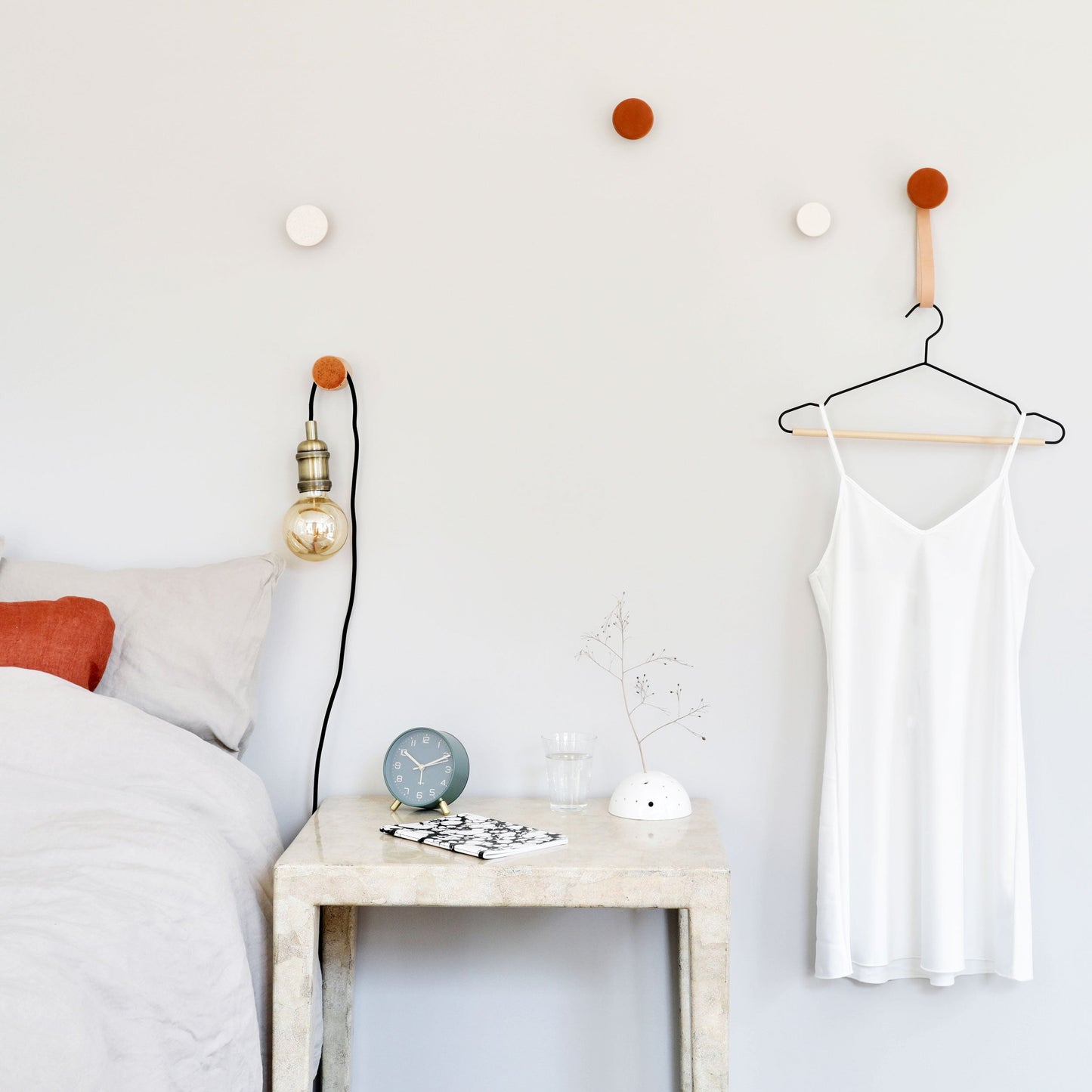 Round Beech Wood & Ceramic Wall Mounted Coat Hook / Hanger with Leather Strap - Dark Terracotta Orange-3