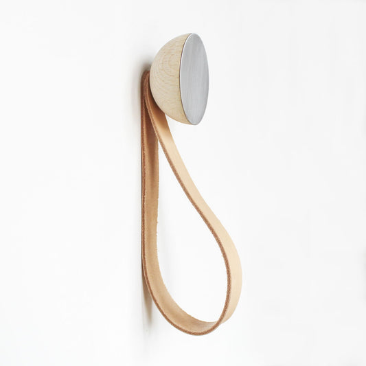 Round Beech Wood & Aluminium Wall Mounted Hook / Hanger with Leather Strap-0