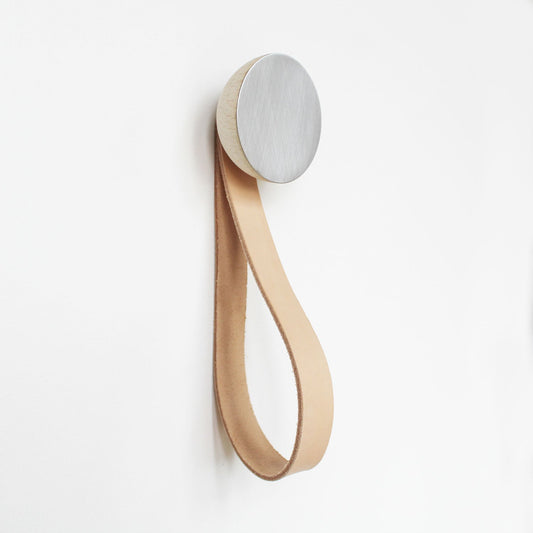 Round Beech Wood & Aluminium Wall Mounted Hook / Hanger with Leather Strap-1