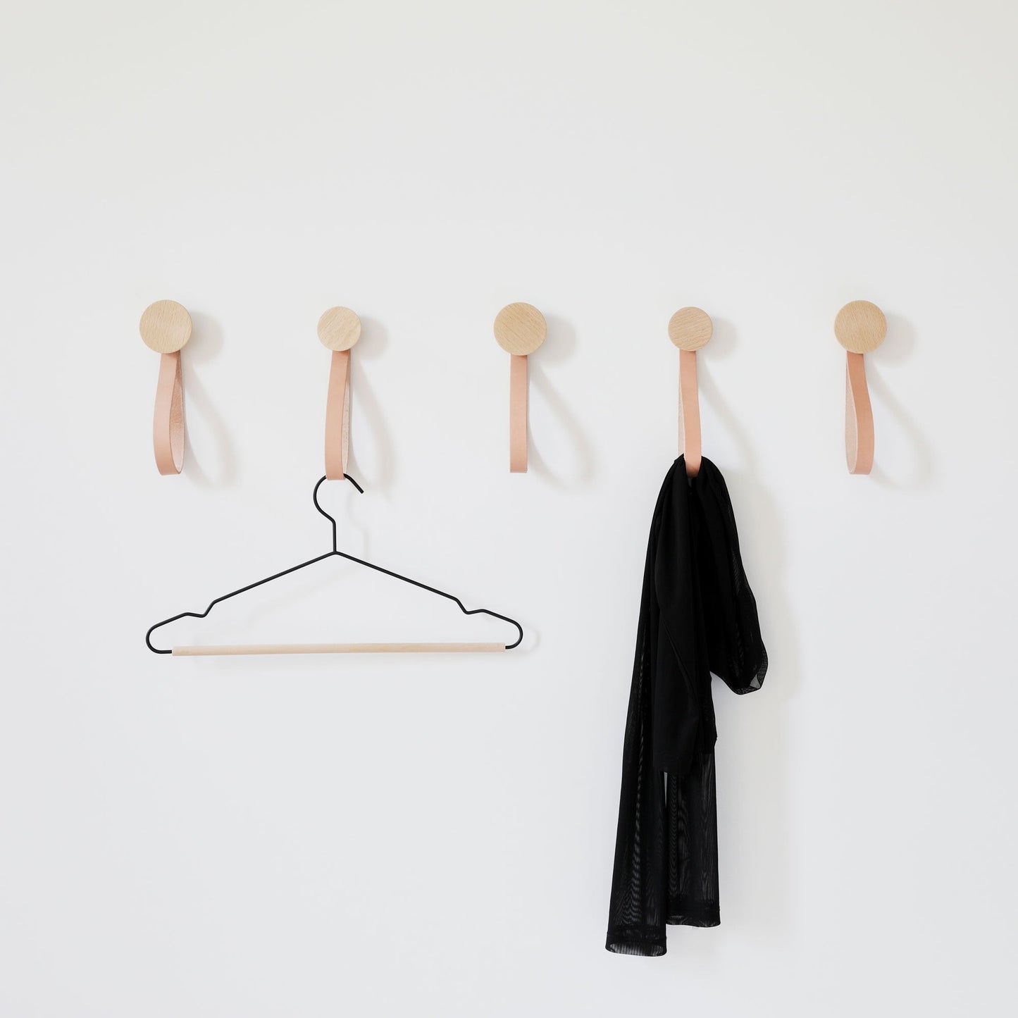 Set of Hooks - Round Beech Wood Wall Mounted Coat Hook / Hanger with Leather Strap-3
