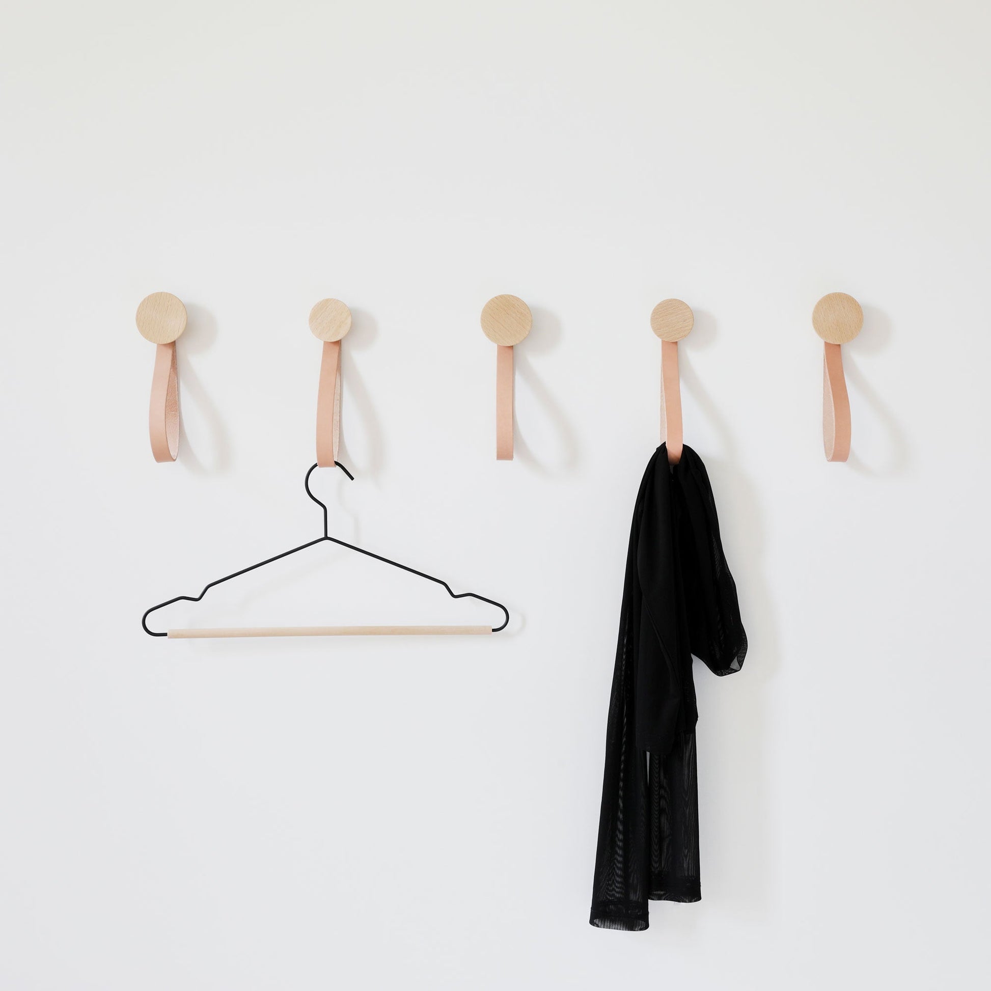 Set of Hooks - Round Beech Wood Wall Mounted Coat Hook / Hanger with Leather Strap-3