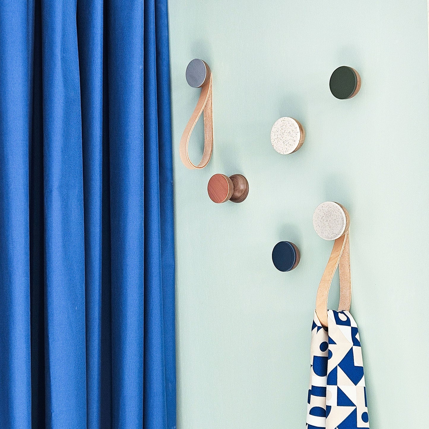 Round Walnut Wood & Ceramic Wall Mounted Coat Hook / Knob - Dark Blue-2