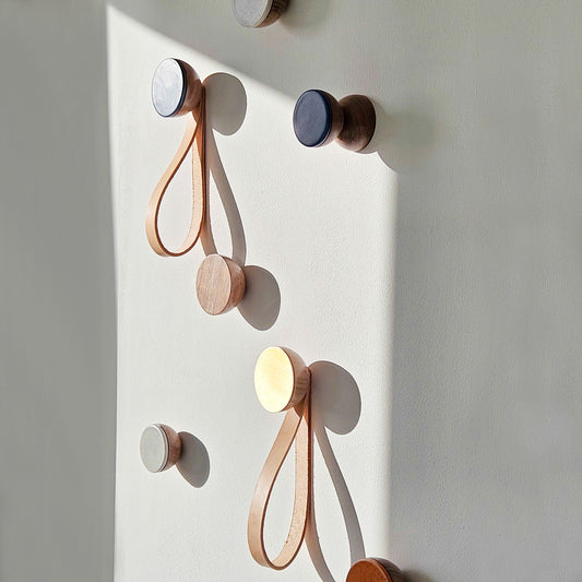 Round Walnut Wood & Brass Wall Mounted Hook / Hanger with Leather Strap-1