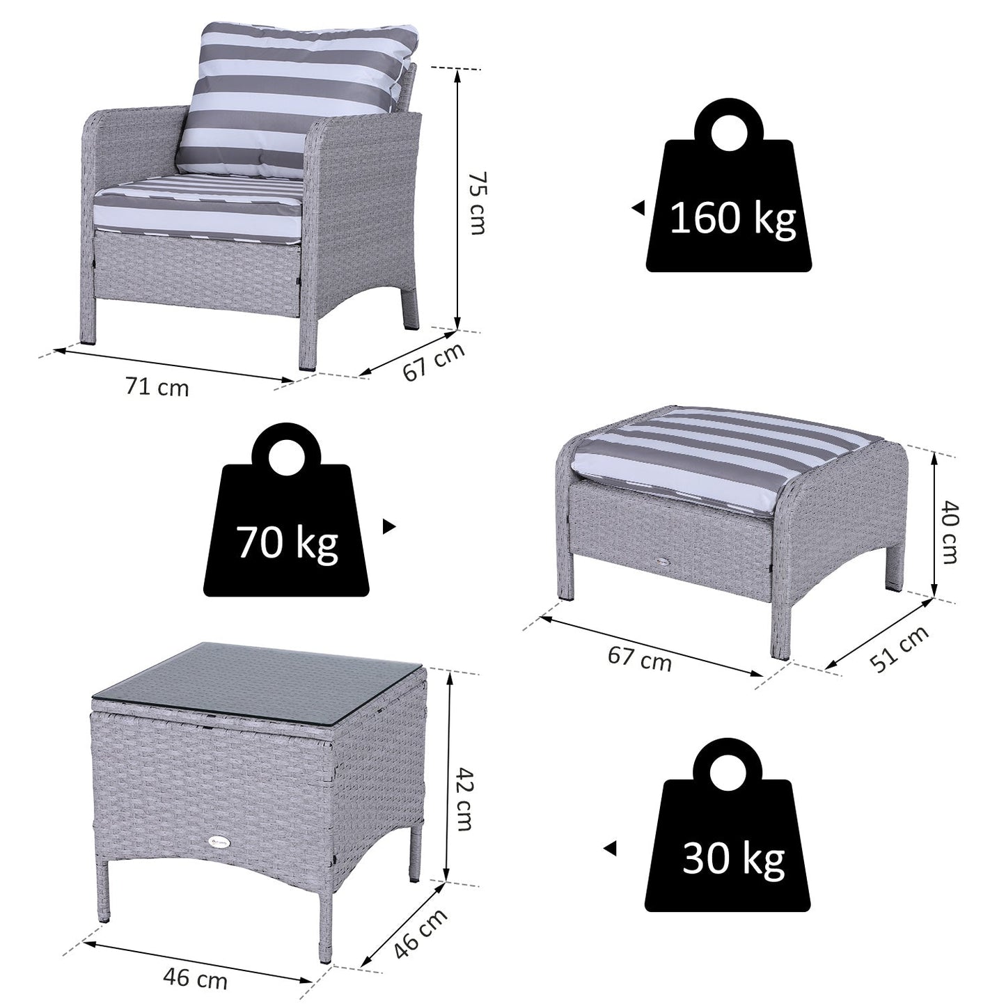 5 Piece PE Rattan Garden Furniture Set with Cushions and Glass Table - Grey-2