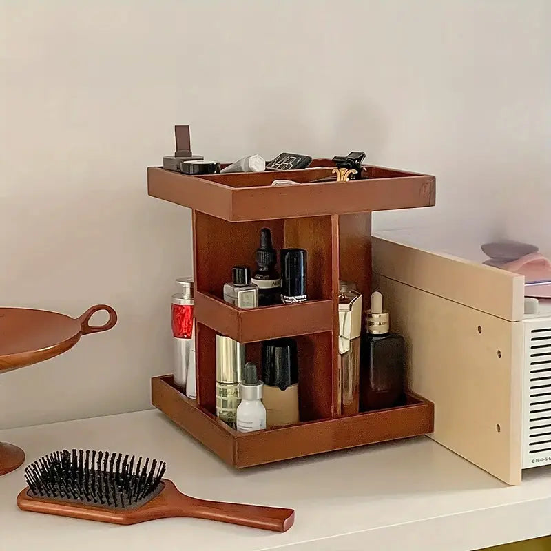 360° Rotating Wooden Cosmetic Storage Shelves - Brown Vanity Shelf-2