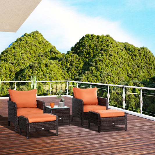 5 Piece PE Rattan Garden Furniture Set with Cushions and Glass Table - Brown-1
