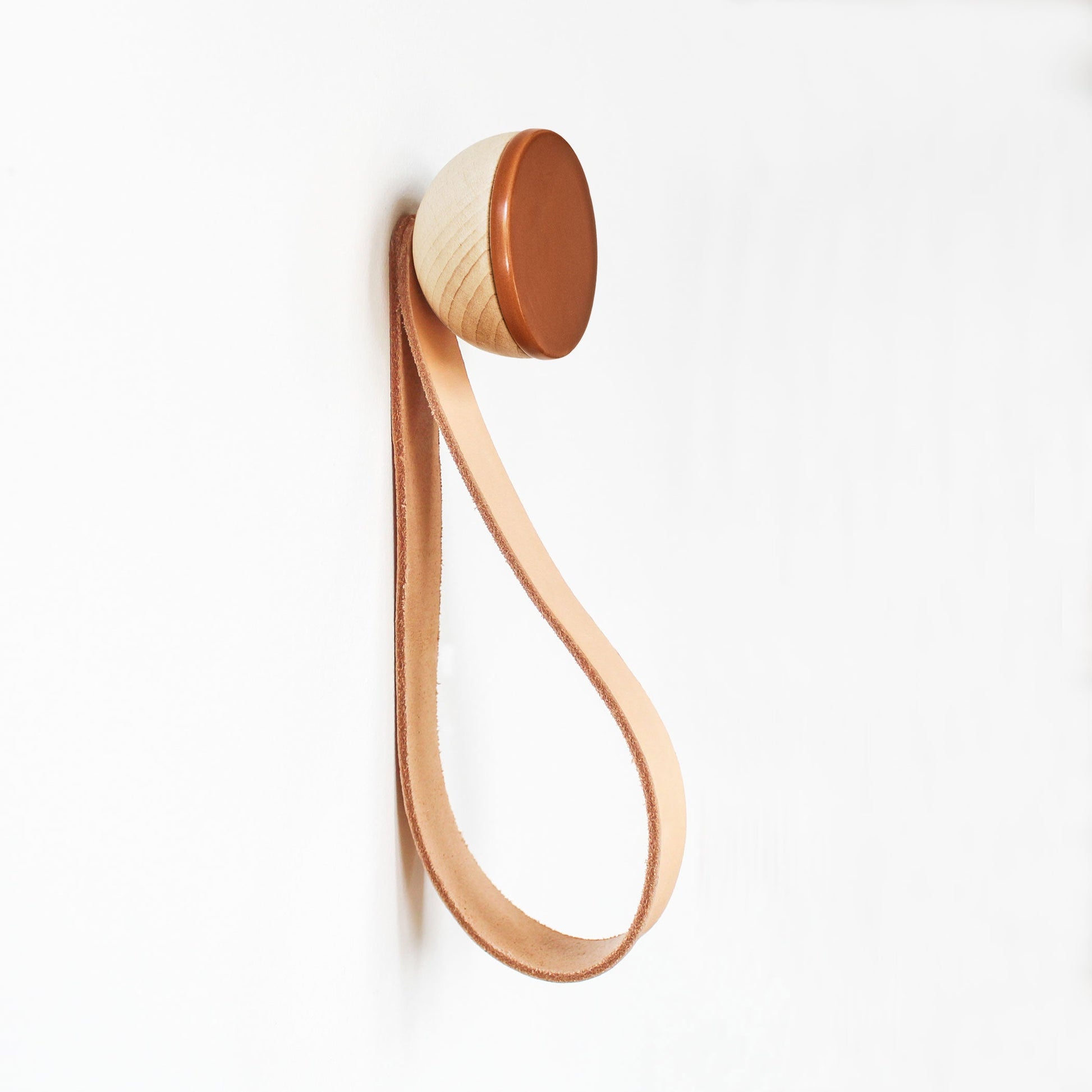 Round Beech Wood & Ceramic Wall Mounted Coat Hook / Hanger with Leather Strap - Dark Terracotta Orange-0