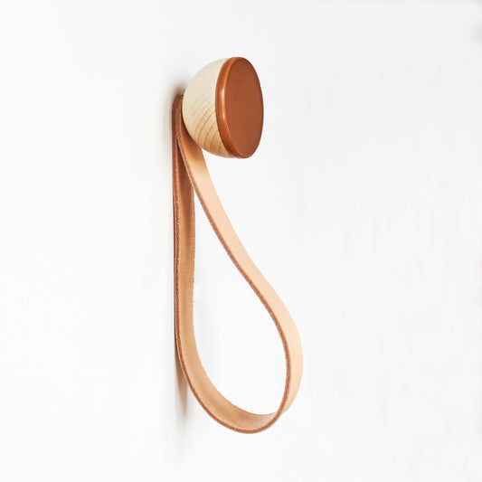 Round Beech Wood & Ceramic Wall Mounted Coat Hook / Hanger with Leather Strap - Dark Terracotta Orange-0