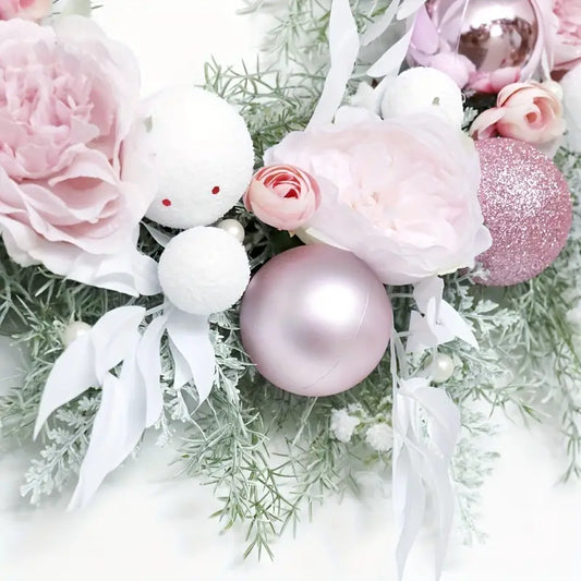 Blushing Elegance: A Pink Christmas Wreath Adorned with Baubles-1