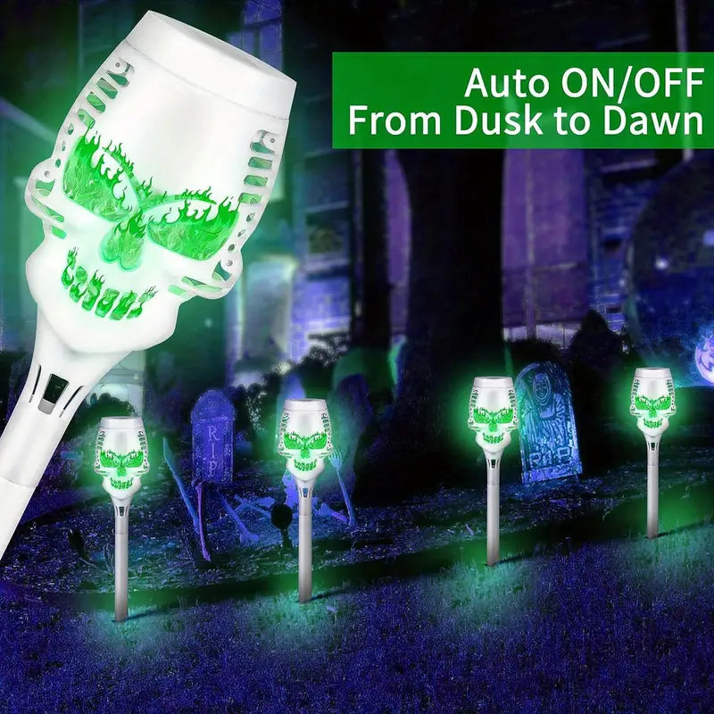 Spooky Solar Torch Set: 4-Pack Skull Lights with Flickering Flame-4