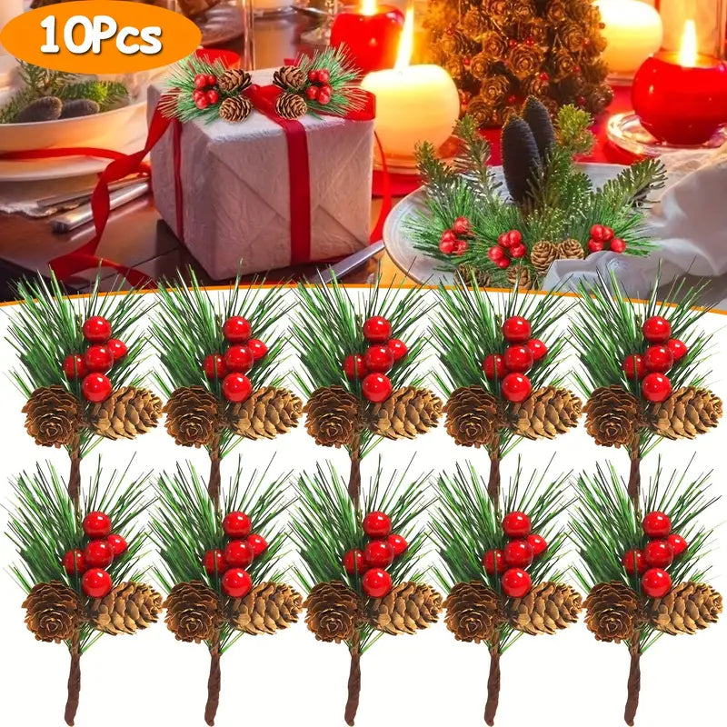 Set of 10 Artificial Christmas Picks - Festive Red Berry Holly Branches for Tree Decor-3