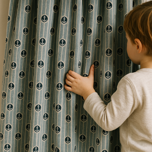 Nautical Anchor Pure Cotton Curtains – Blue Striped Kids Drapes, Light-Filtering or Blackout-0