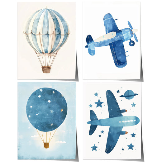 Poster Kinderzimmer Heißluftballon Flugzeug Aquarell Flugträume · Kinderzimmer Bilder · Wand Deko · Kunst Druck · Deko Print · ohne Rahmen-0