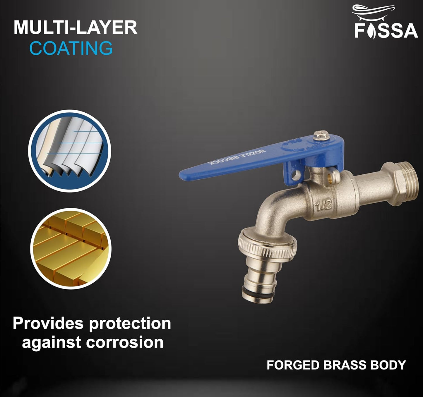 Fossa Nozzle Cock for Bathroom | Washing Machine Tap for Inlet Pipe/Hose | Garden Pipe Tap | Easy Hose Connect Tap | Laundry Dishwasher Hose Connect-2