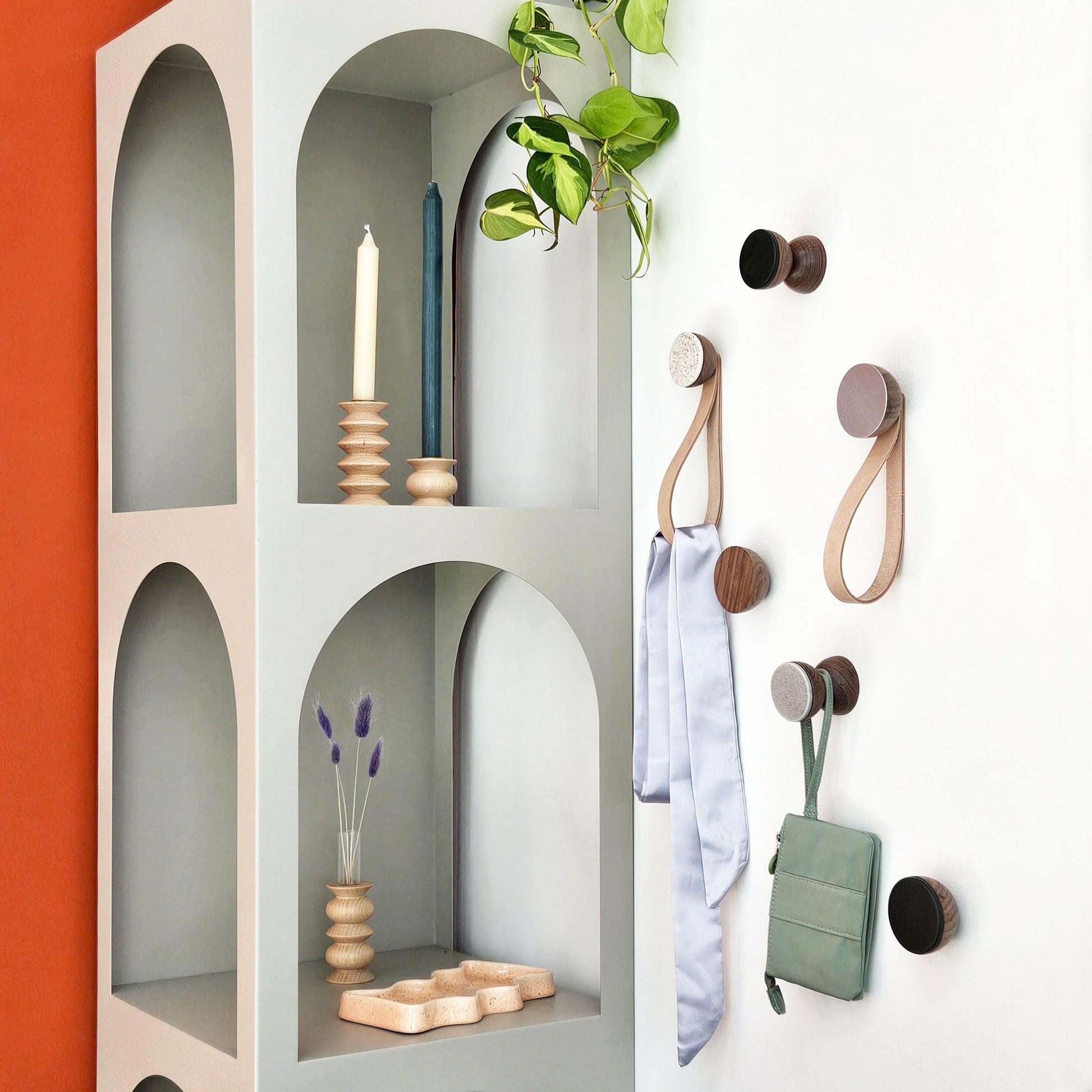 Geometric Walnut Wood & Ceramic Wall Mounted Coat Hook / Knob - Speckled Grey-2