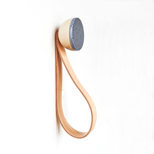 Round Beech Wood & Ceramic Wall Mounted Coat Hook / Hanger with Leather Strap - Blue Black Specks-0