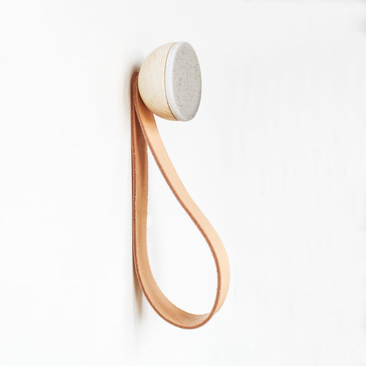 Round Beech Wood & Ceramic Wall Mounted Coat Hook / Hanger with Leather Strap - Grey Sand-0
