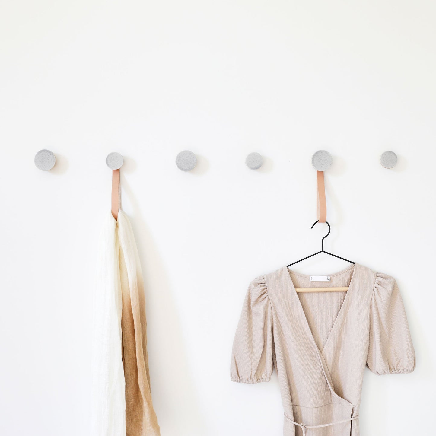 Round Beech Wood & Ceramic Wall Mounted Coat Hook / Hanger with Leather Strap - Grey Sand-2