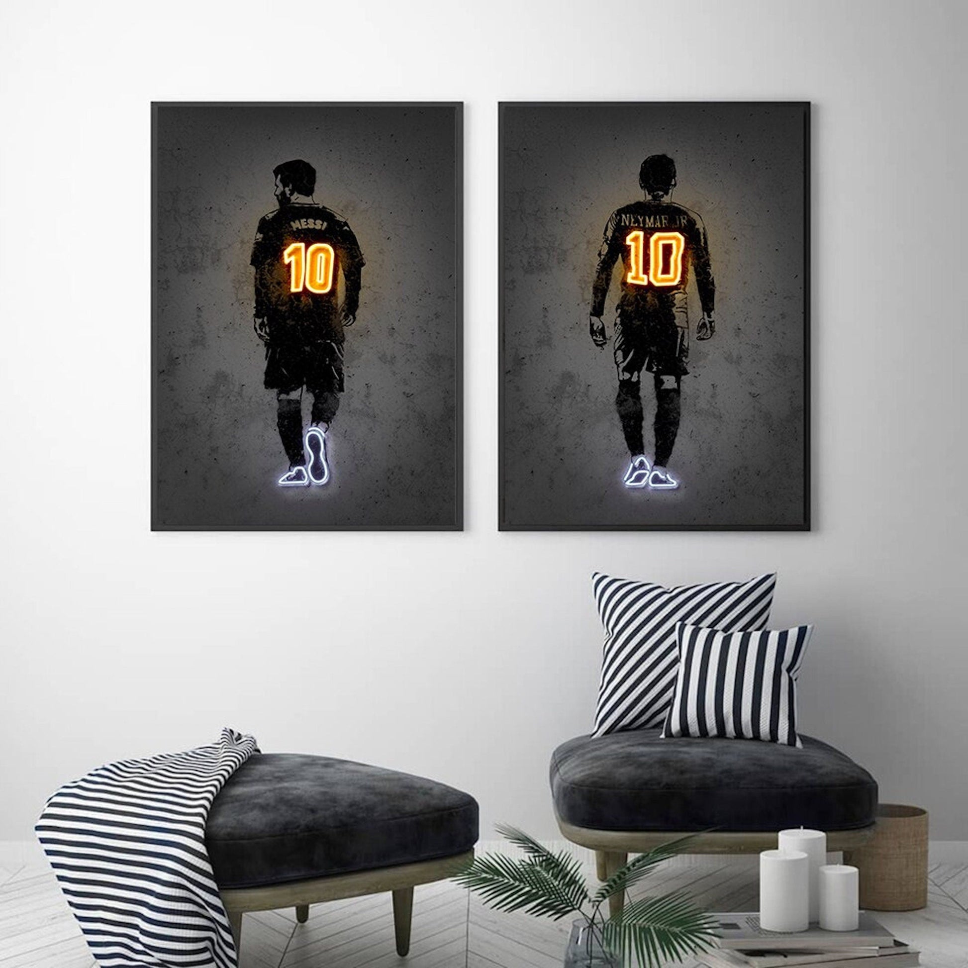 Poster Fußball Lionel Messi Nummer 10 Christiano Ronaldo 7 und Neymar Jr. 10 mit Neon Leucht Trikotnummer als Deko Print ohne Rahmen-2