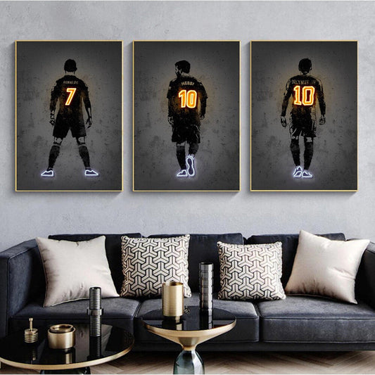 Poster Fußball Lionel Messi Nummer 10 Christiano Ronaldo 7 und Neymar Jr. 10 mit Neon Leucht Trikotnummer als Deko Print ohne Rahmen-1