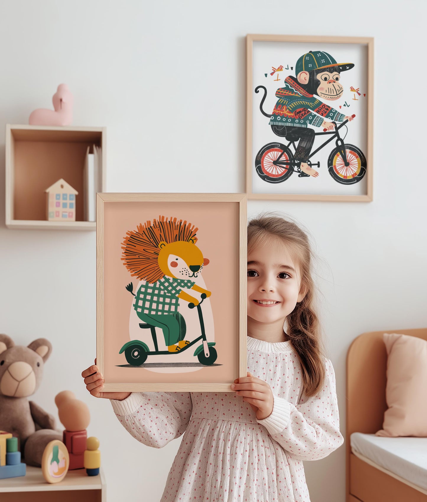 Lustige Tierwelt Poster Kinderzimmer · Geschenkidee für Kinder · Radfahrender Affe · E-Scooter Spaß ·Stylisches Zebra·Deko Print ohne Rahmen-2
