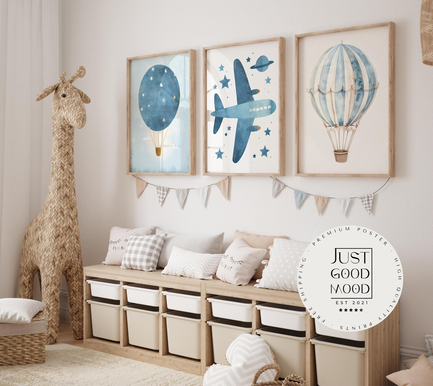 Poster Kinderzimmer Heißluftballon Flugzeug Aquarell Flugträume · Kinderzimmer Bilder · Wand Deko · Kunst Druck · Deko Print · ohne Rahmen-1