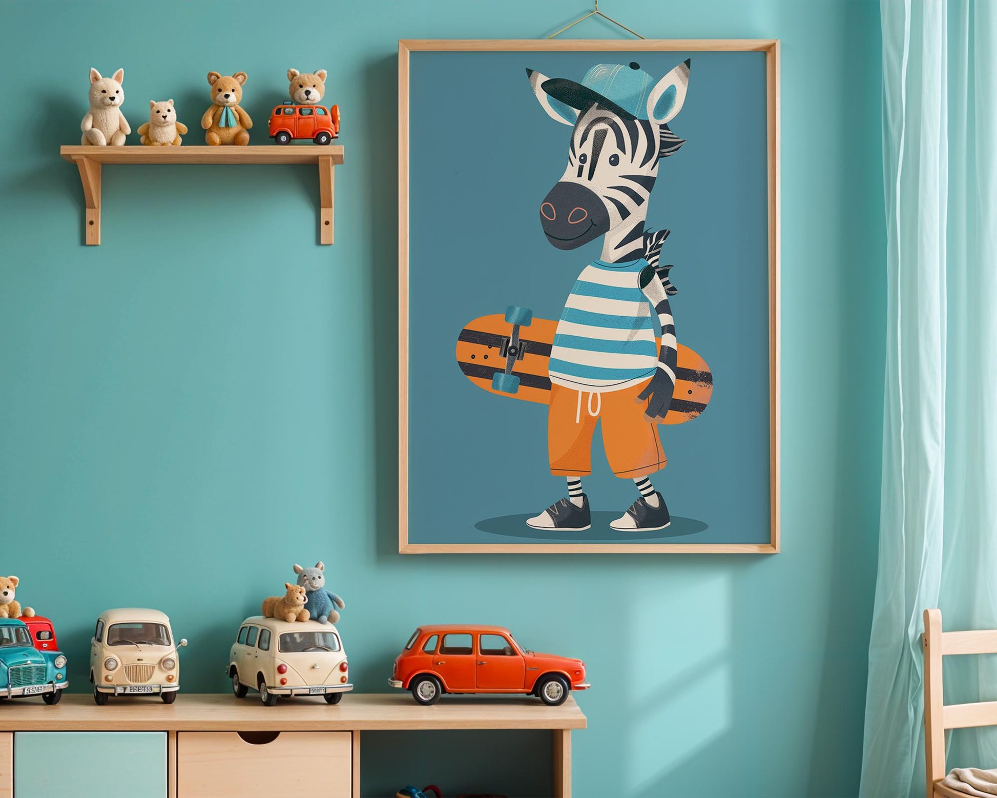 Lustige Tierwelt Poster Kinderzimmer · Geschenkidee für Kinder · Radfahrender Affe · E-Scooter Spaß ·Stylisches Zebra·Deko Print ohne Rahmen-3