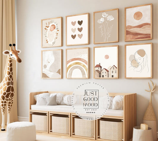 Boho Babyzimmer Poster · Regenbogen, Herzen, Blumen, Sonne, Häuser, Mutter-Kind  Scandi Wandkunst für Kinderzimmer · Deko Print ohne Rahmen-0