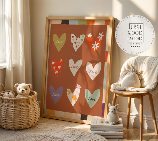 Poster Kinderzimmer Herzen · Love Design mit Blumen & Mustern · Warme Farben · Liebevolle Wanddeko · Deko Print ohne Rahmen-0