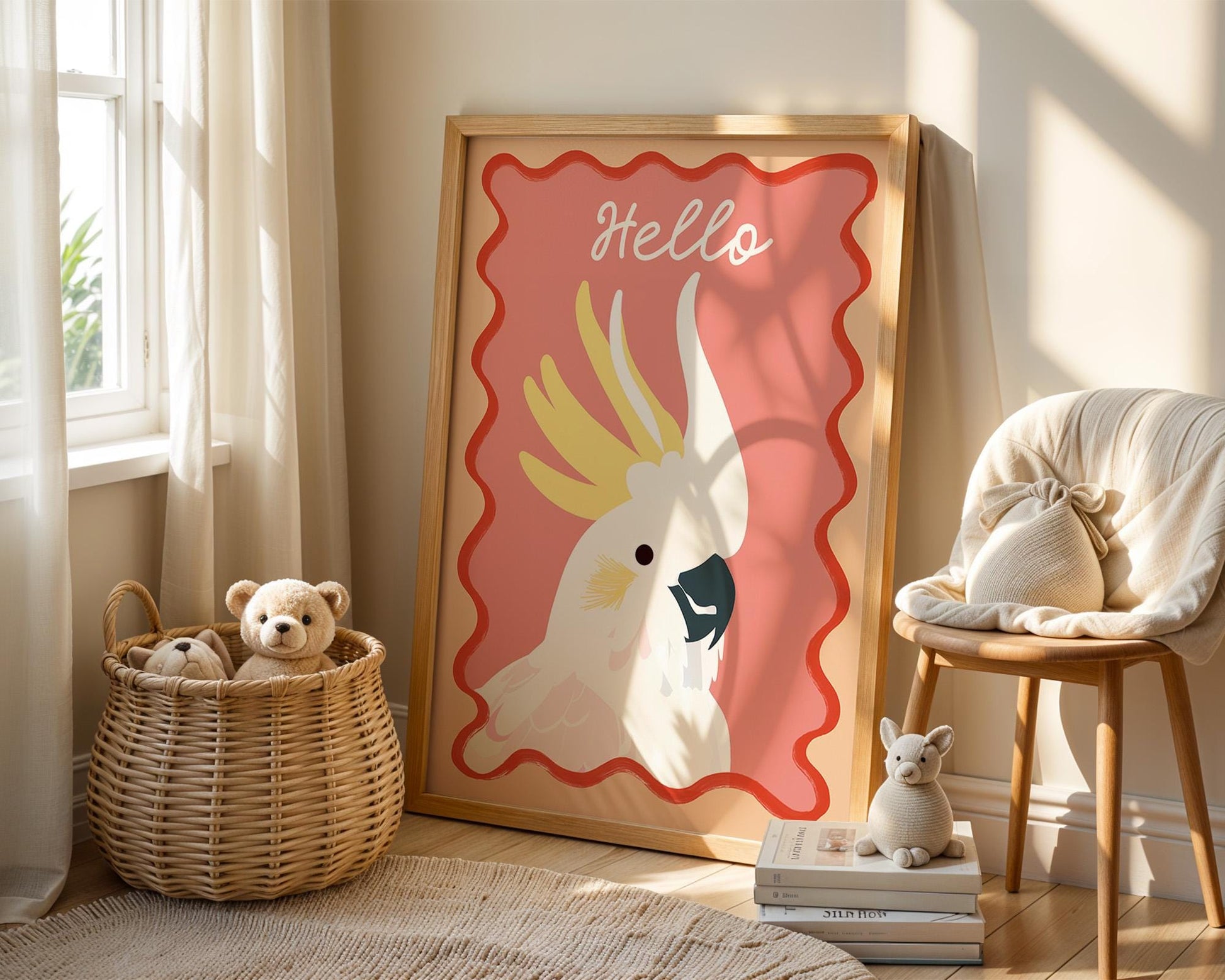 Poster Kinderzimmer Vogel · Kakadu mit Hello Schriftzug · Bunte Tierillustration · Tropische Wanddeko für Kinder · Deko Print Ohne Rahmen-4