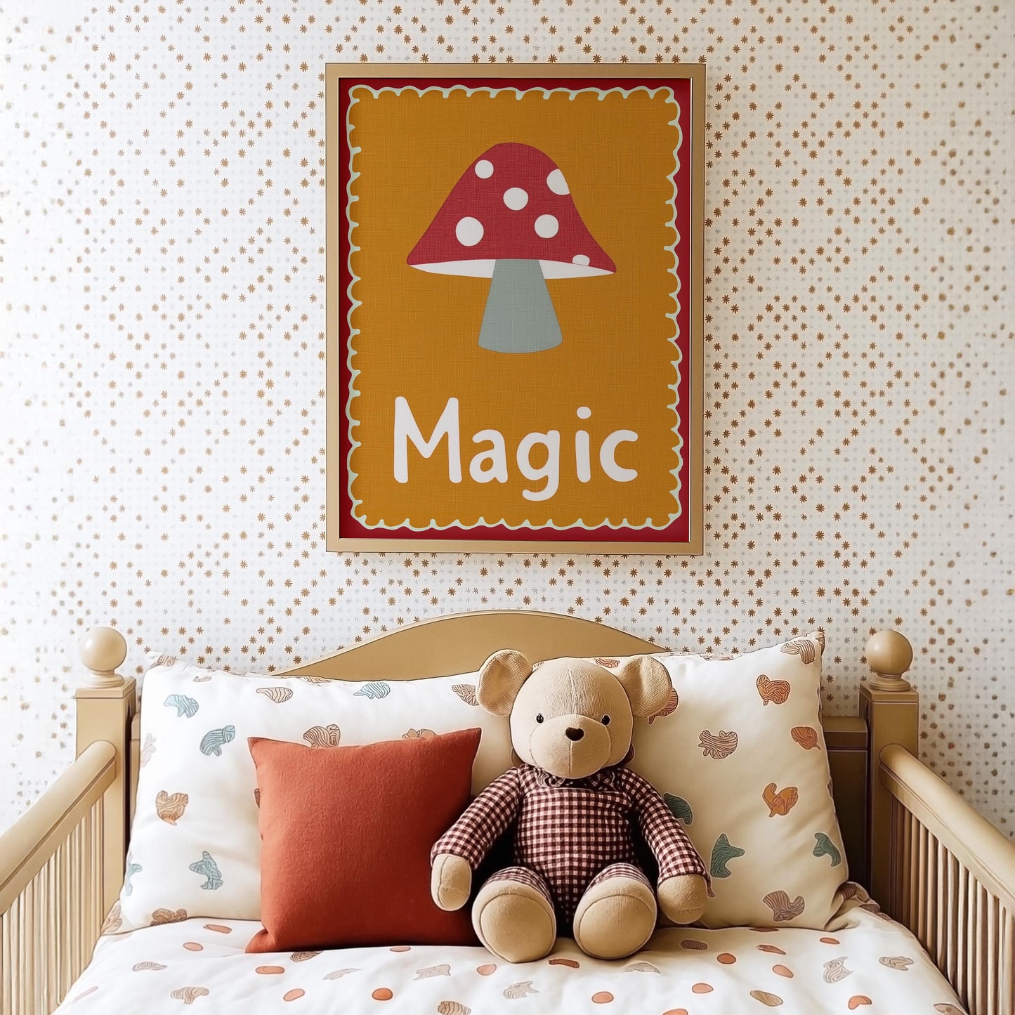 Poster Kinderzimmer Magic · Fliegenpilz Illustration · Magische Wanddeko in Retro Farben · Waldmotiv für Kinder · Dekoprint Ohne Rahmen-1
