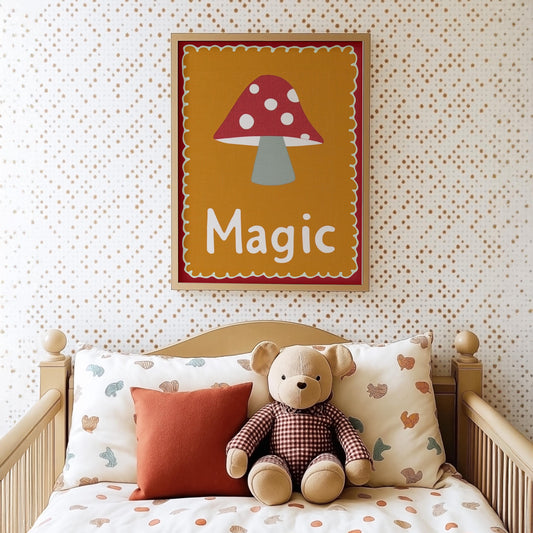 Poster Kinderzimmer Magic · Fliegenpilz Illustration · Magische Wanddeko in Retro Farben · Waldmotiv für Kinder · Dekoprint Ohne Rahmen-1
