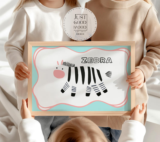 Poster Kinderzimmer Zebra · Tierposter mit schwarz-weißem Zebra im Skandi-Stil · Bunte Wanddeko für Kinder & Babys · Deko ohne Rahmen-0