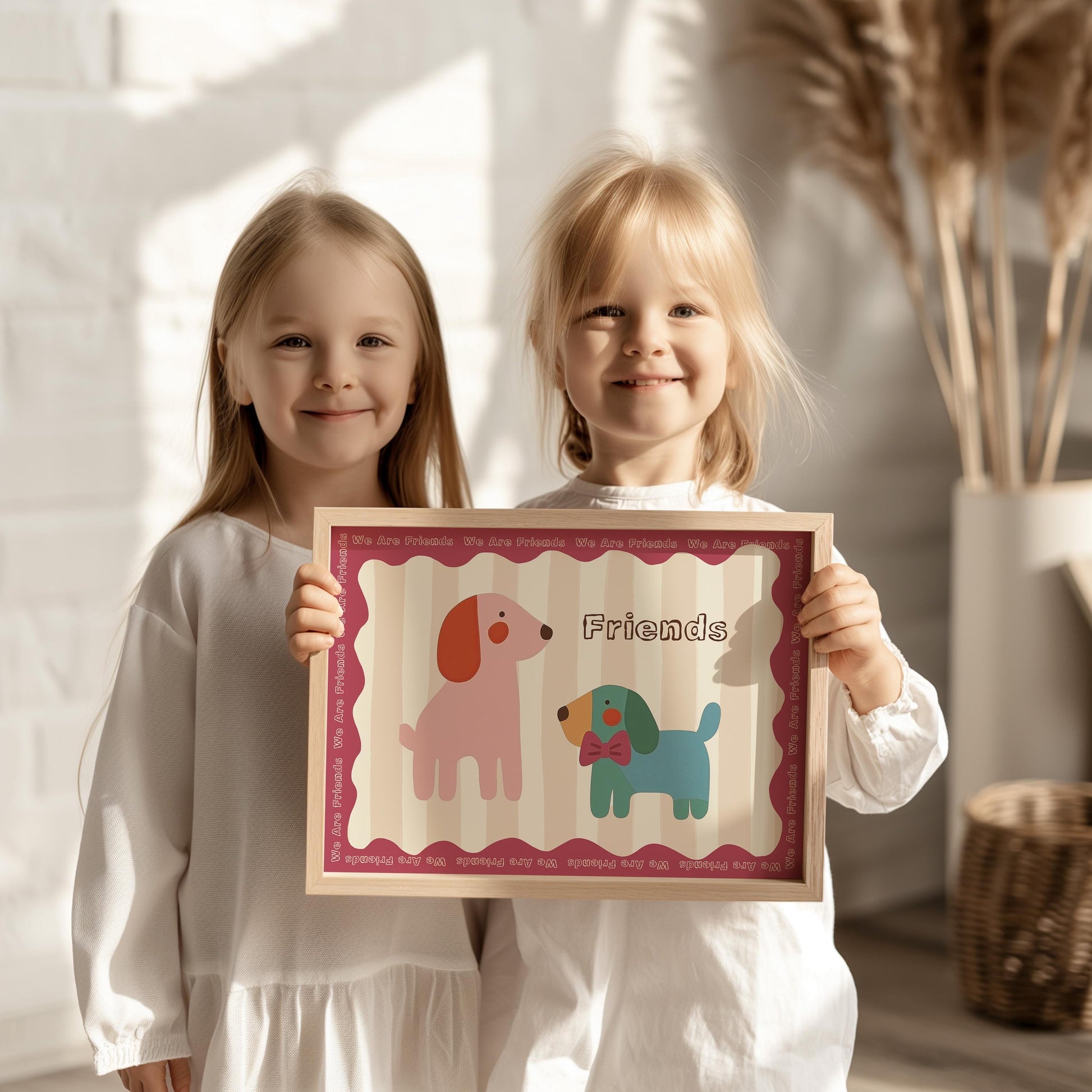 Poster Kinderzimmer Hunde · We Are Friends · Niedliches Tierposter mit zwei bunten Hunden · Freundschaft & Liebe · Dekoprint ohne Rahmen-1
