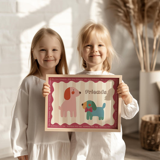 Poster Kinderzimmer Hunde · We Are Friends · Niedliches Tierposter mit zwei bunten Hunden · Freundschaft & Liebe · Dekoprint ohne Rahmen-1