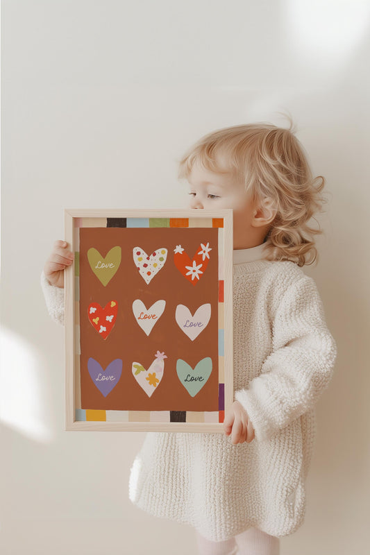 Poster Kinderzimmer Herzen · Love Design mit Blumen & Mustern · Warme Farben · Liebevolle Wanddeko · Deko Print ohne Rahmen-1