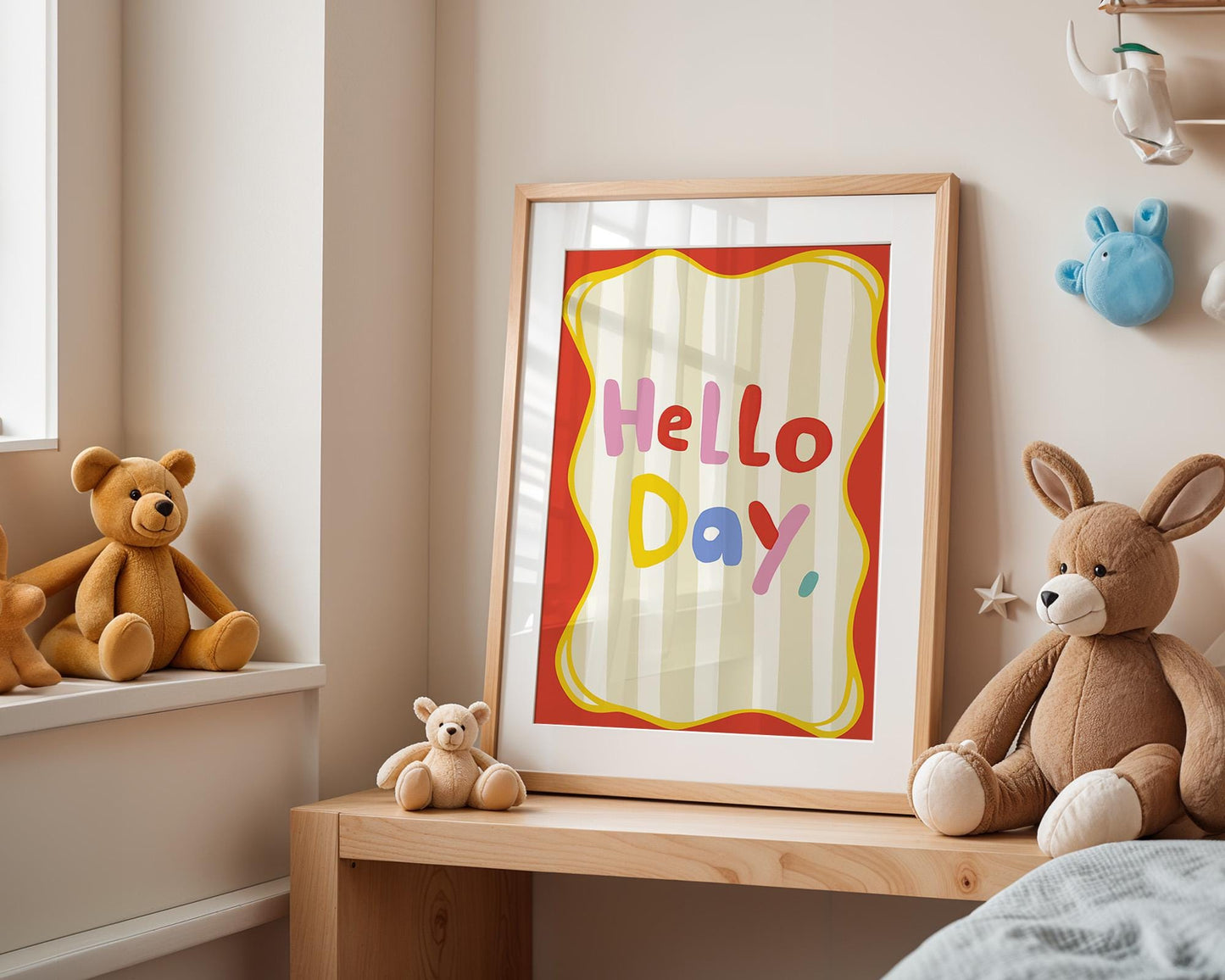 Poster Kinderzimmer · Hello Day Schriftzug · Fröhliches Spruchposter in bunten Farben · Gute-Laune-Deko für Kinder · Dekoprint ohne Rahmen-3