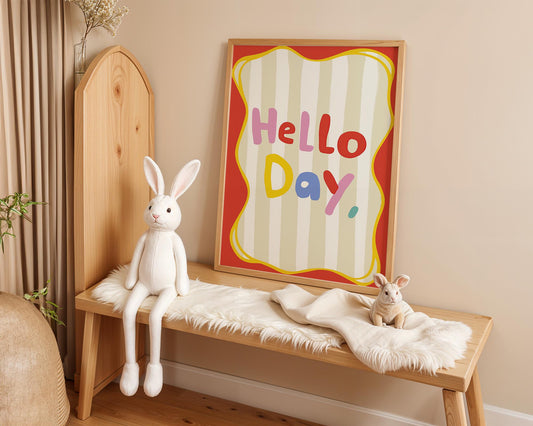 Poster Kinderzimmer · Hello Day Schriftzug · Fröhliches Spruchposter in bunten Farben · Gute-Laune-Deko für Kinder · Dekoprint ohne Rahmen-1