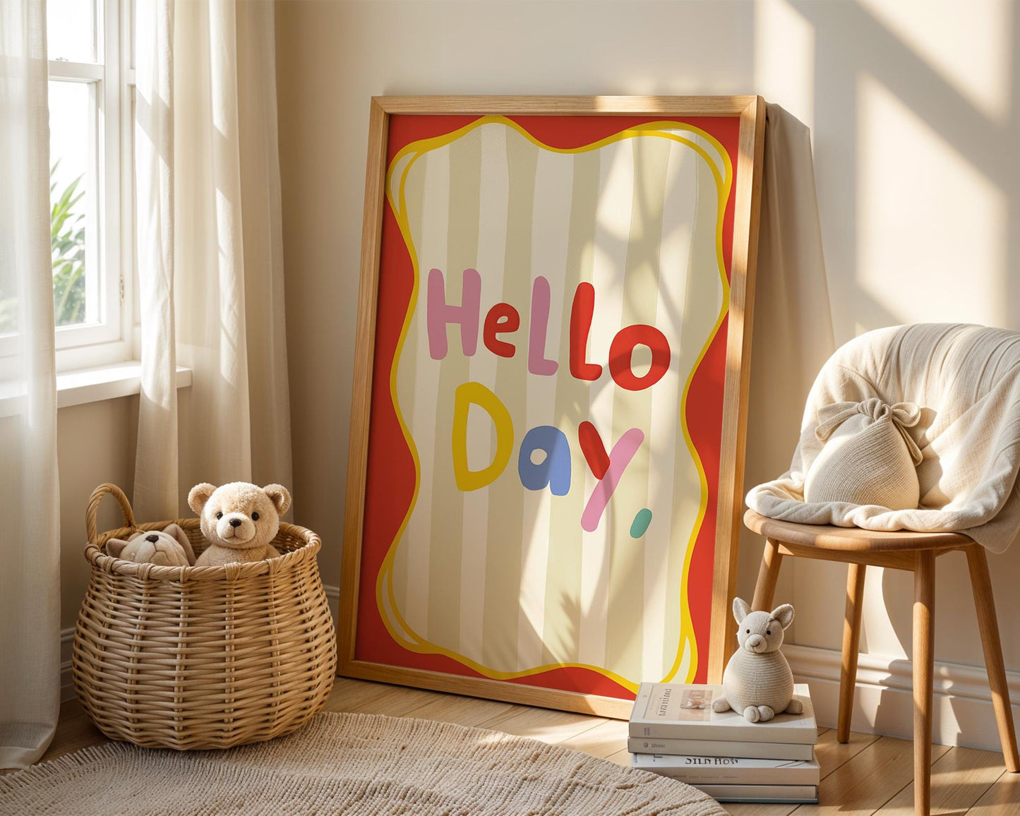 Poster Kinderzimmer · Hello Day Schriftzug · Fröhliches Spruchposter in bunten Farben · Gute-Laune-Deko für Kinder · Dekoprint ohne Rahmen-2