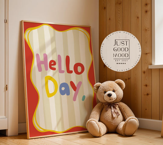 Poster Kinderzimmer · Hello Day Schriftzug · Fröhliches Spruchposter in bunten Farben · Gute-Laune-Deko für Kinder · Dekoprint ohne Rahmen-0