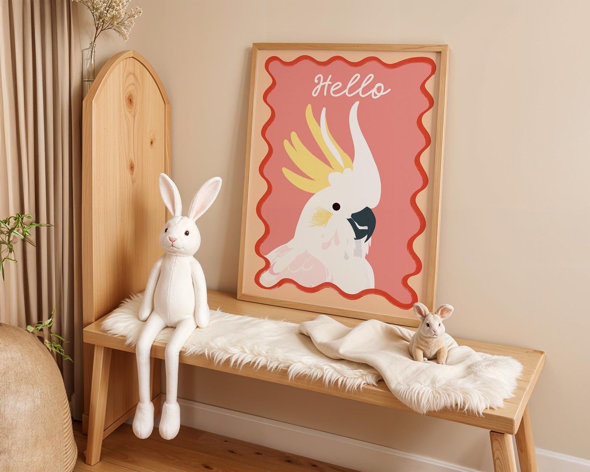 Poster Kinderzimmer Vogel · Kakadu mit Hello Schriftzug · Bunte Tierillustration · Tropische Wanddeko für Kinder · Deko Print Ohne Rahmen-2
