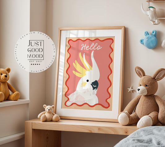 Poster Kinderzimmer Vogel · Kakadu mit Hello Schriftzug · Bunte Tierillustration · Tropische Wanddeko für Kinder · Deko Print Ohne Rahmen-1