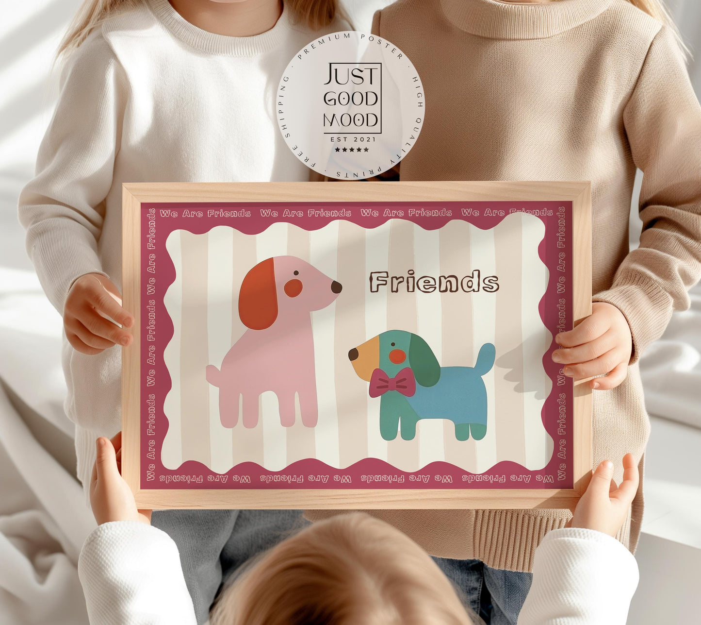 Poster Kinderzimmer Hunde · We Are Friends · Niedliches Tierposter mit zwei bunten Hunden · Freundschaft & Liebe · Dekoprint ohne Rahmen-0