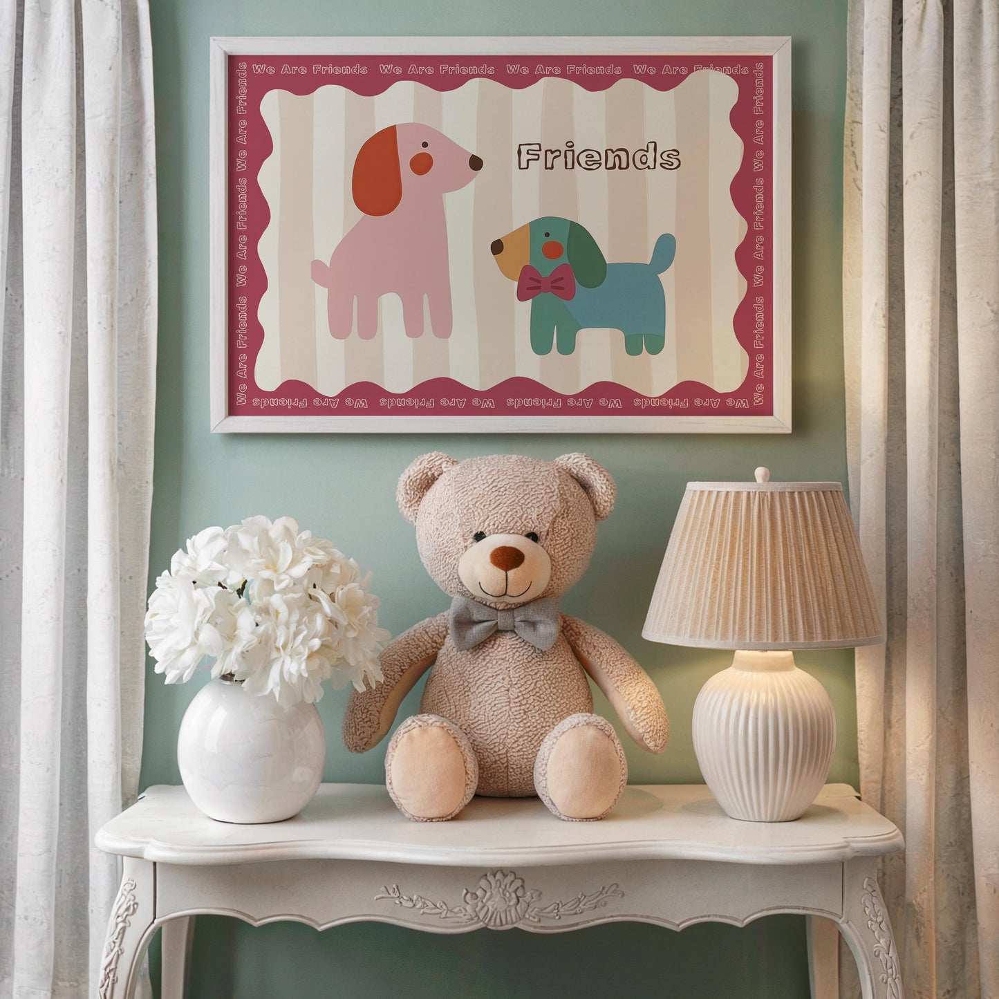 Poster Kinderzimmer Hunde · We Are Friends · Niedliches Tierposter mit zwei bunten Hunden · Freundschaft & Liebe · Dekoprint ohne Rahmen-2