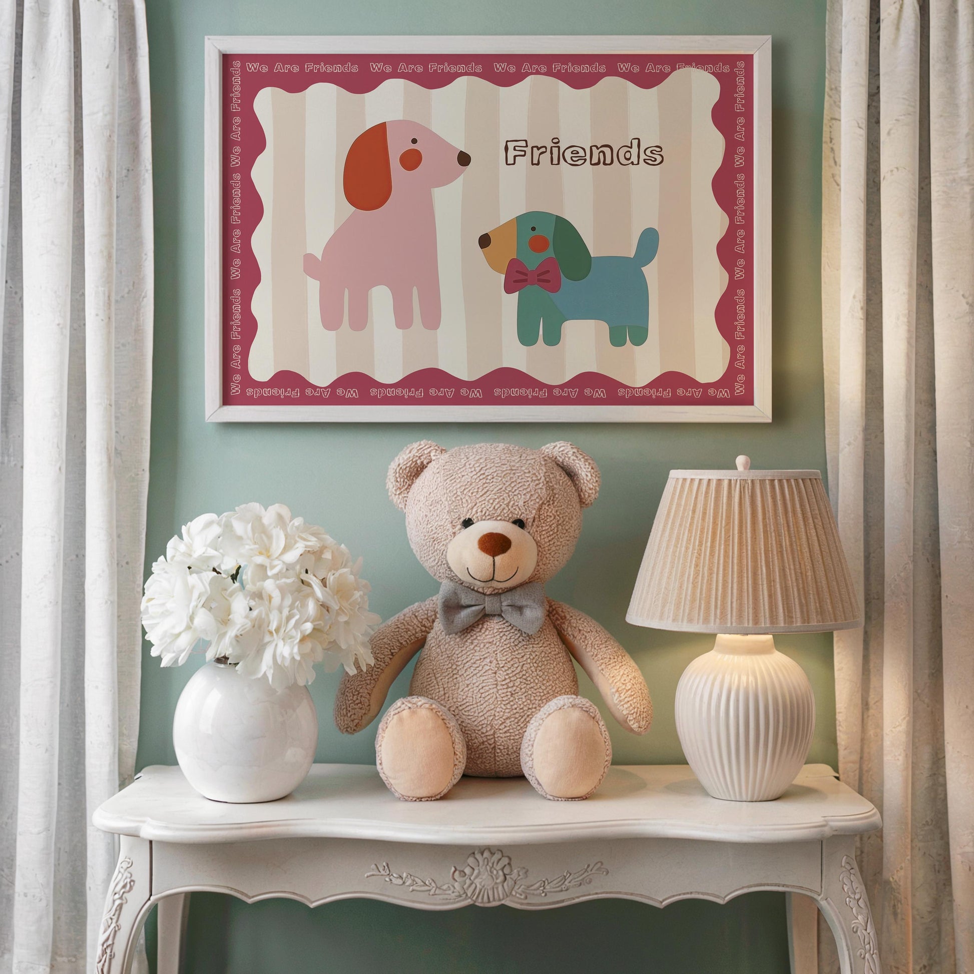 Poster Kinderzimmer Hunde · We Are Friends · Niedliches Tierposter mit zwei bunten Hunden · Freundschaft & Liebe · Dekoprint ohne Rahmen-2