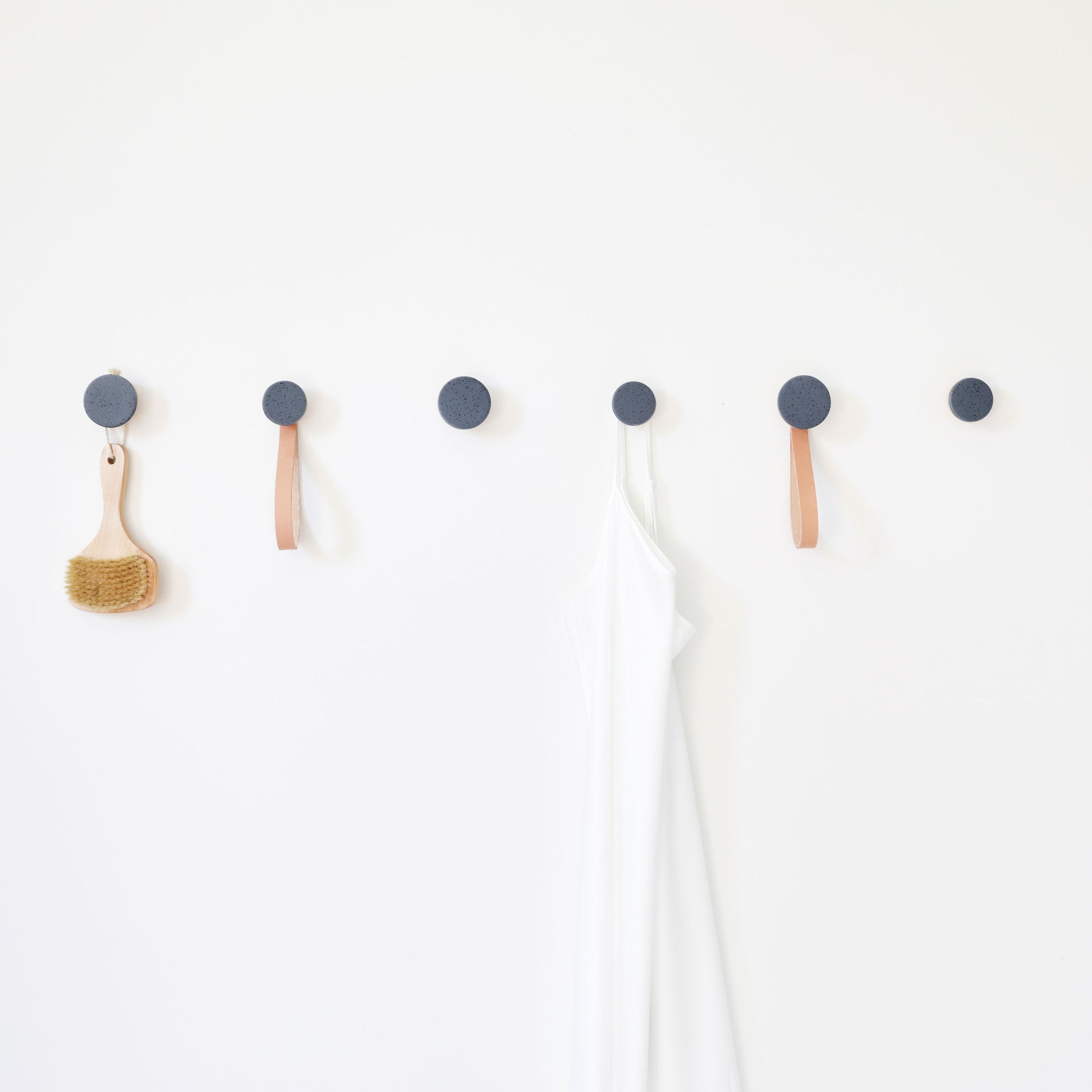 Round Beech Wood & Ceramic Wall Mounted Coat Hook / Hanger with Leather Strap - Blue Black Specks-1